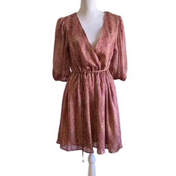 FRONT WRAP V NECK 3/4 SLEEVE WINE PATTERN DRESS - Picture 6 of 11